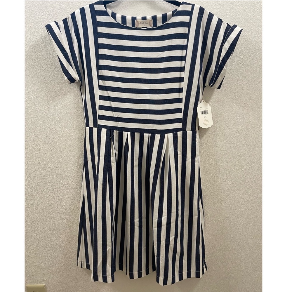 Navy blue and white striped dress